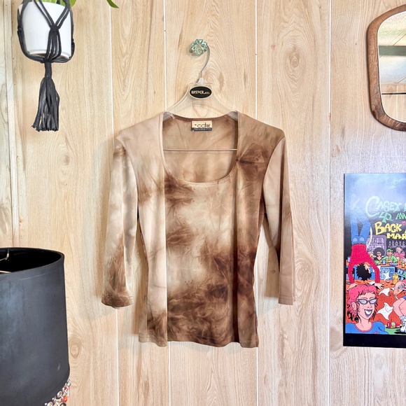 Vintage Medium Brown Tie Dye Stretch Top 90s 2000s - Picture 2 of 5